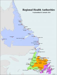 Telehealth sites in NL. (Map by NL Centre for Health Information, 2016)